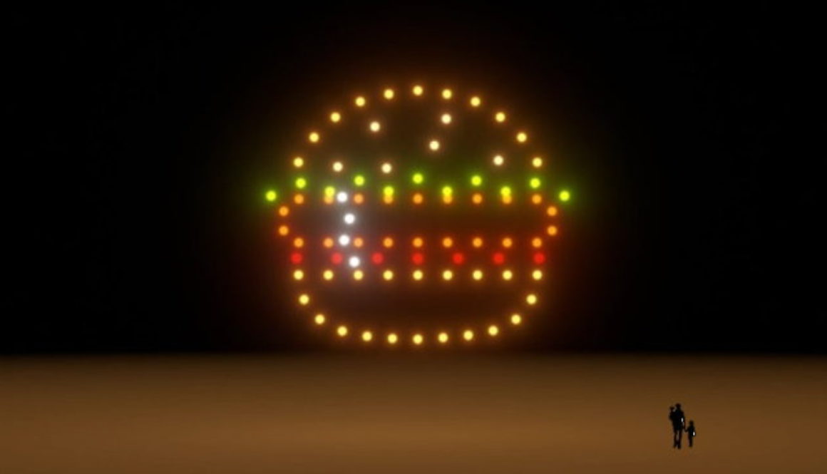 81 Drohnen formen einen beeindruckenden Hamburger am Himmel, ein atemberaubendes Spektakel voller Präzision und kreativer Vielfalt. Lassen Sie sich von diesem visuellen Meisterwerk verzaubern und erleben Sie eine Welt voller Symmetrie und Innovation.