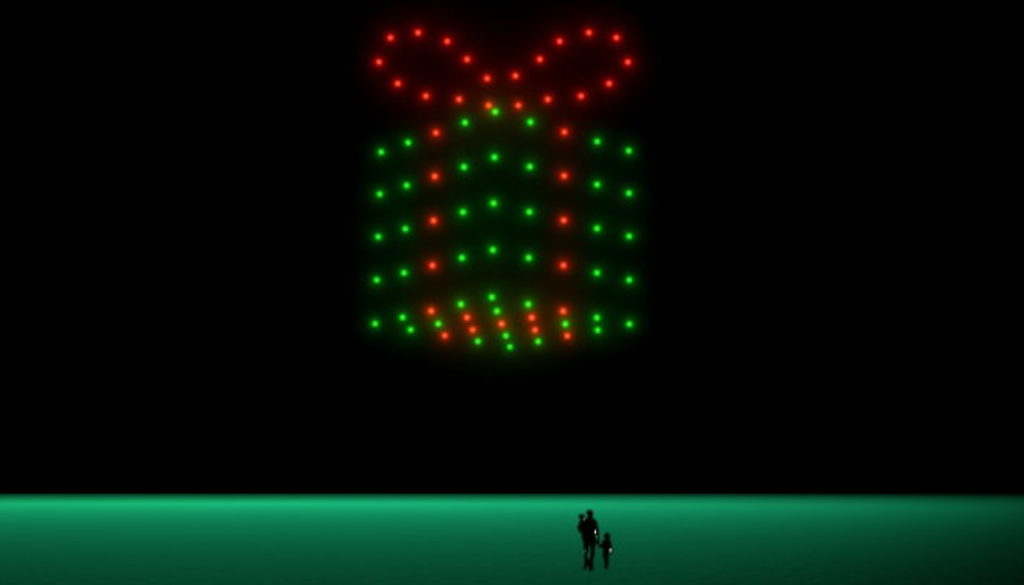 Im nächtlichen Himmel schweben 81 leuchtende Drohnen und formen die Gestalt eines Weihnachtsgeschenks. Hier verschmelzen Technologie und Ästhetik zu einem faszinierenden Kunstwerk, das die zukünftige Dimension der Himmelskunst auf beeindruckende Weise repräsentiert.