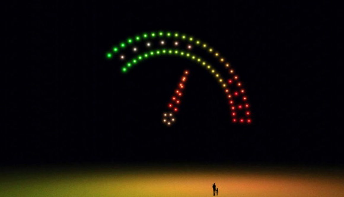 81 leuchtende Drohnen schweben majestätisch in den nächtlichen Himmel und zaubern einen lebendigen Speedometer.