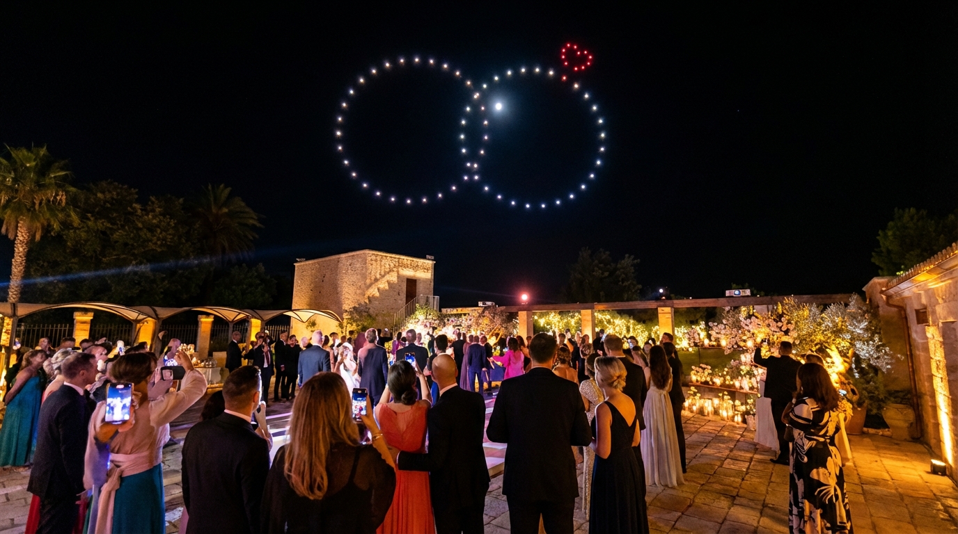 Gäste einer Abendhochzeit blicken in den Nachthimmel, wo eine Drohnenshow zwei riesige, leuchtende Eheringe mit einem kleinen roten Herz formt.