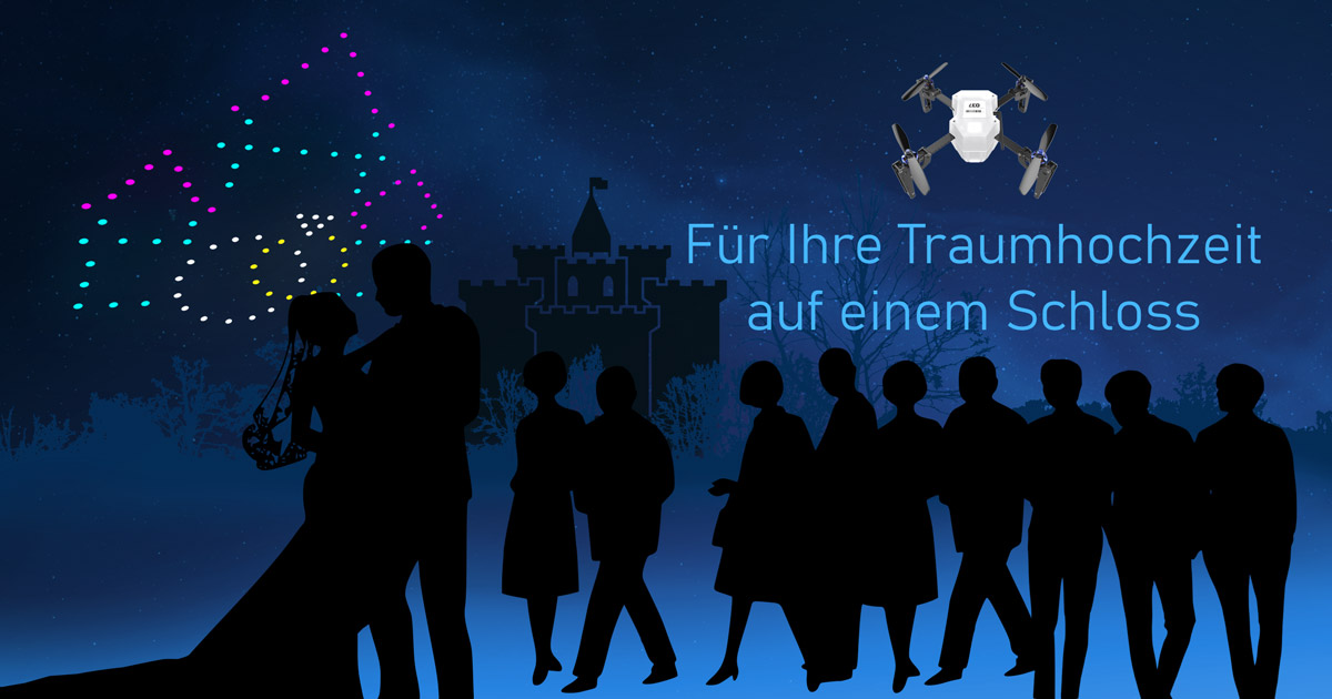Magie über Ihrer Schlosshochzeit! Bei 1001-Drohnenshow erleben Sie eine einzigartige Symbiose aus Liebe und Technologie.